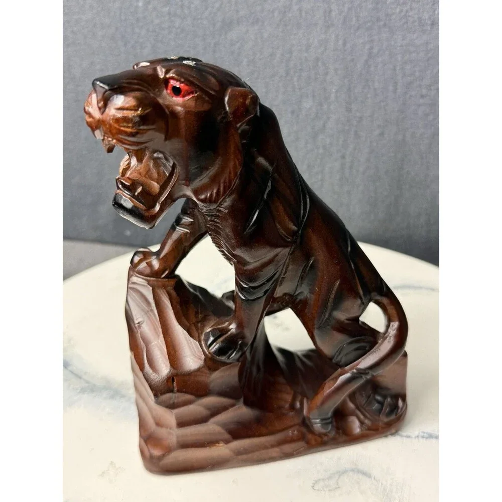 Vintage Hand Carved Wooden Tiger Statues Glass Eyes Made in Korea Asian Figurine